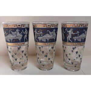 Set of 3 Cera Greek Etruscan Highball Glasses MCM 1960s Barware Vintage Cocktail